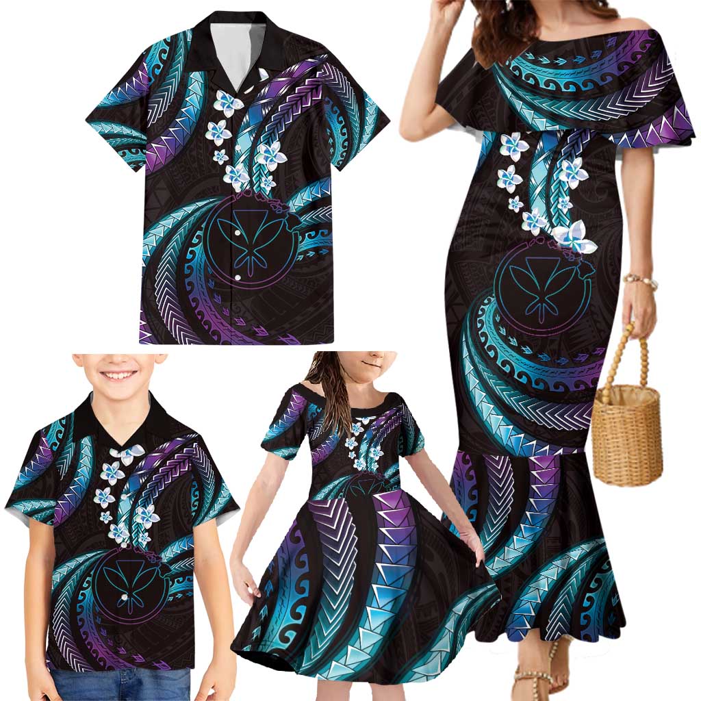 Hawaii Map Kanaka Maoli Family Matching Mermaid Dress and Hawaiian Shirt Fantastic Frangipani Amethyst Gradient