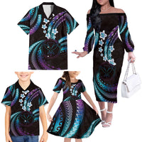 Hawaii Map Kanaka Maoli Family Matching Off The Shoulder Long Sleeve Dress and Hawaiian Shirt Fantastic Frangipani Amethyst Gradient