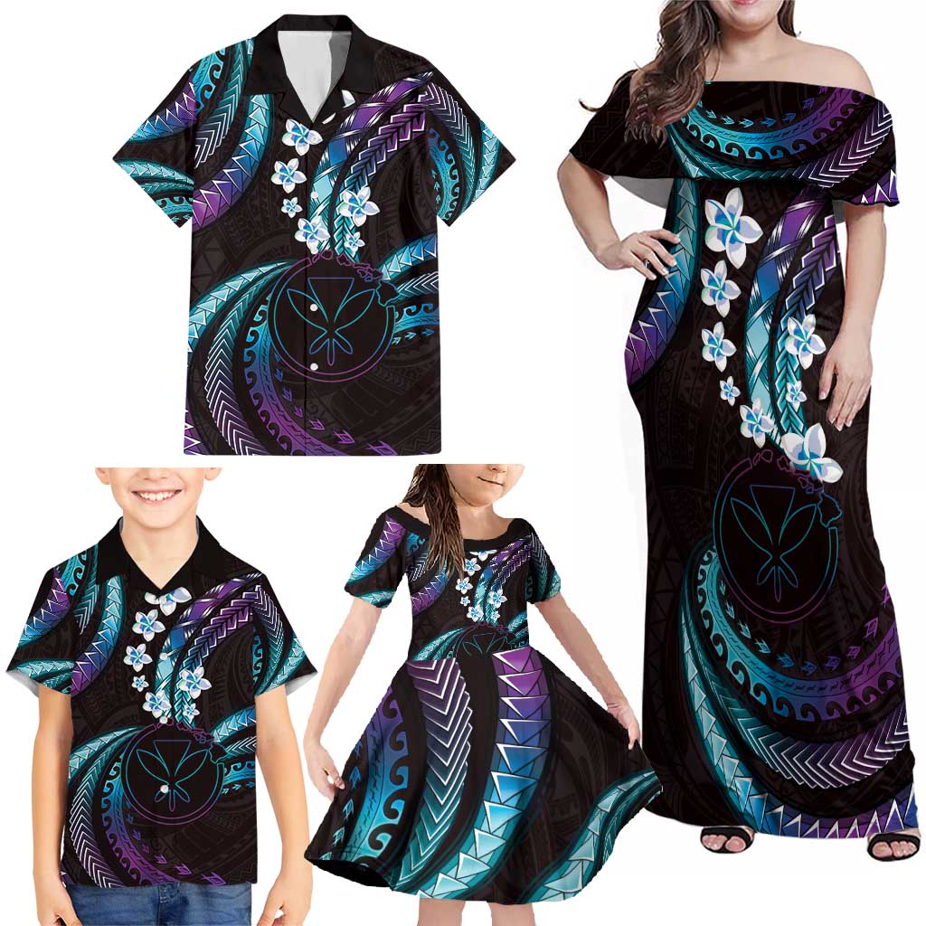Hawaii Map Kanaka Maoli Family Matching Off Shoulder Maxi Dress and Hawaiian Shirt Fantastic Frangipani Amethyst Gradient