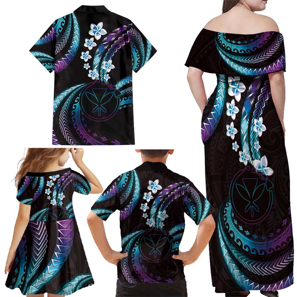 Hawaii Map Kanaka Maoli Family Matching Off Shoulder Maxi Dress and Hawaiian Shirt Fantastic Frangipani Amethyst Gradient