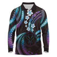 Hawaii Map Kanaka Maoli Long Sleeve Polo Shirt Fantastic Frangipani Amethyst Gradient