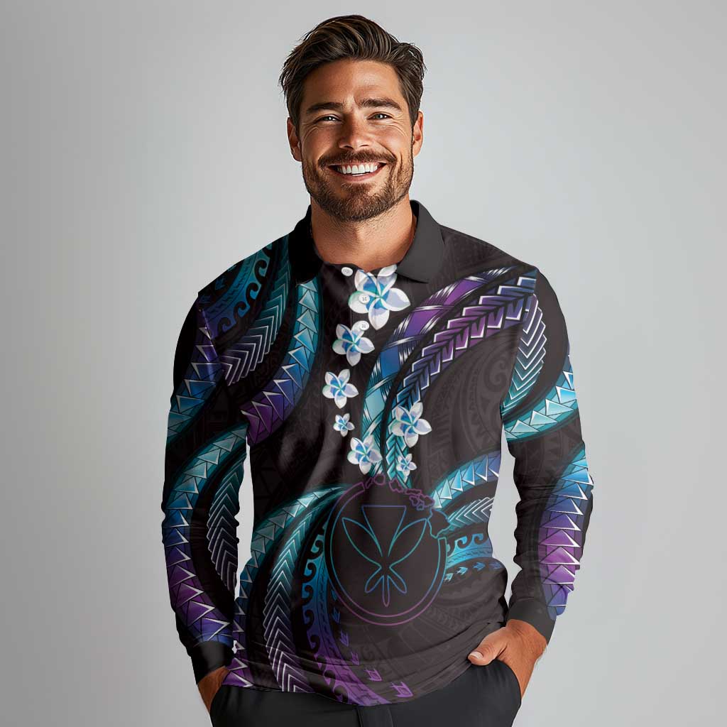 Hawaii Map Kanaka Maoli Long Sleeve Polo Shirt Fantastic Frangipani Amethyst Gradient