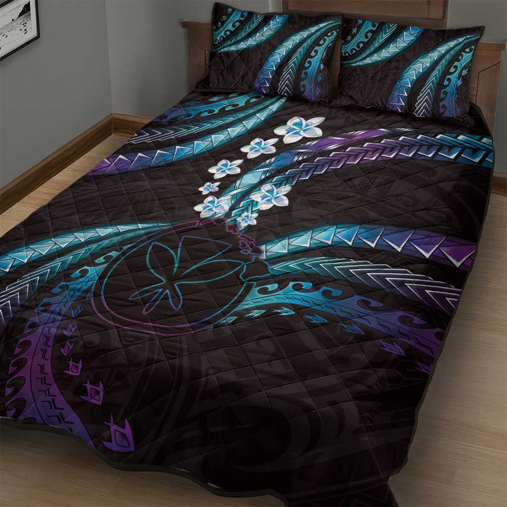 Hawaii Map Kanaka Maoli Quilt Bed Set Fantastic Frangipani Amethyst Gradient