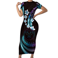 Hawaii Map Kanaka Maoli Short Sleeve Bodycon Dress Fantastic Frangipani Amethyst Gradient