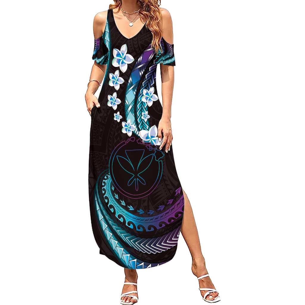 Hawaii Map Kanaka Maoli Summer Maxi Dress Fantastic Frangipani Amethyst Gradient