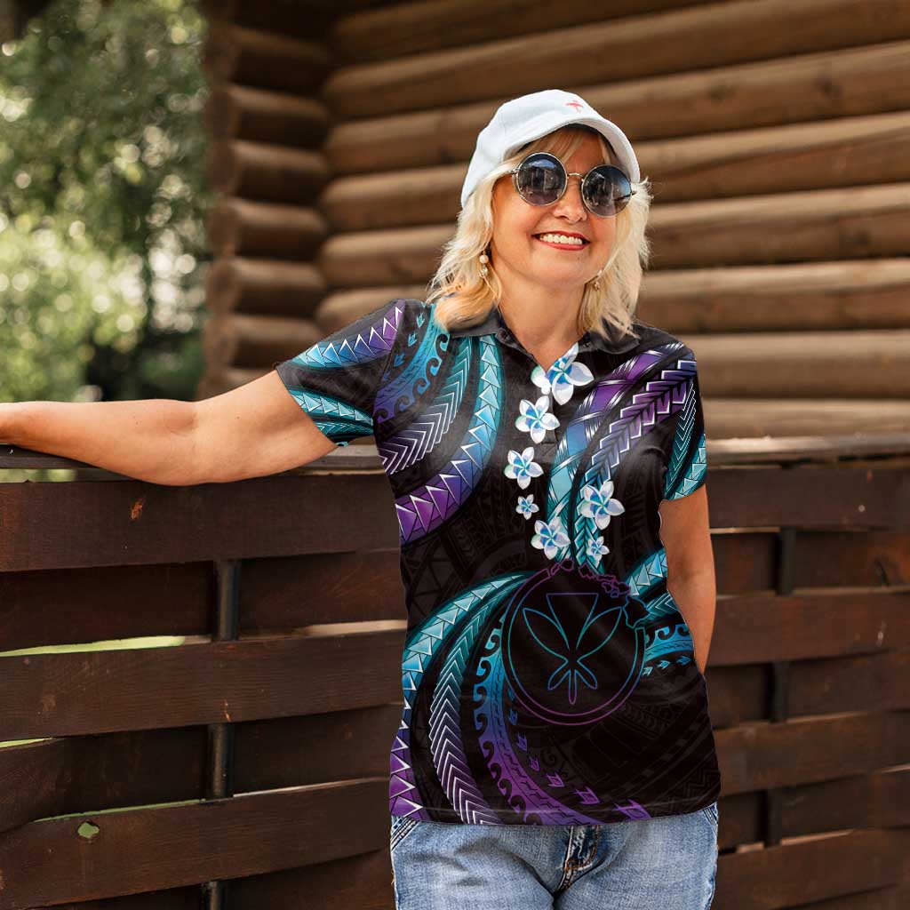 Hawaii Map Kanaka Maoli Women Polo Shirt Fantastic Frangipani Amethyst Gradient
