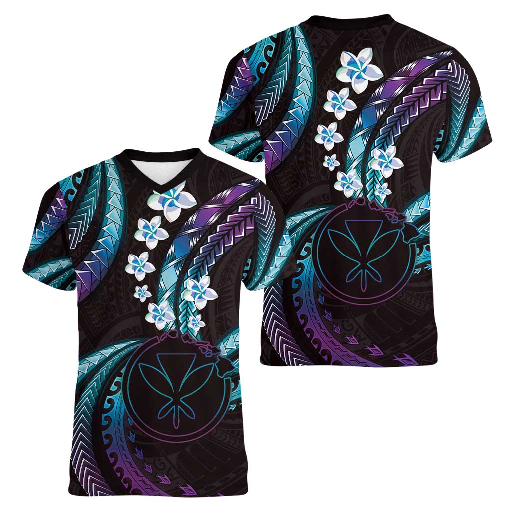 Hawaii Map Kanaka Maoli Women V-Neck T-Shirt Fantastic Frangipani Amethyst Gradient