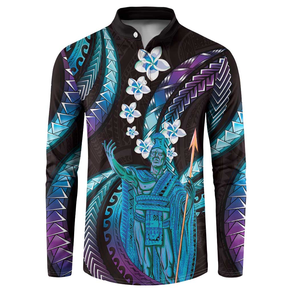 Hawaii King Kamehameha Button Sweatshirt Fantastic Plumeria Amethyst Gradient