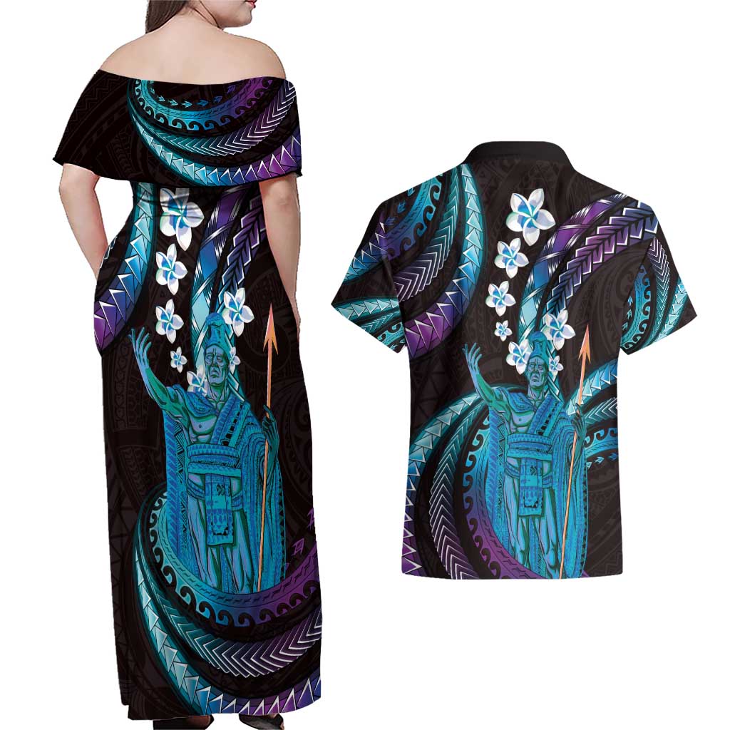 Hawaii King Kamehameha Couples Matching Off Shoulder Maxi Dress and Hawaiian Shirt Fantastic Plumeria Amethyst Gradient