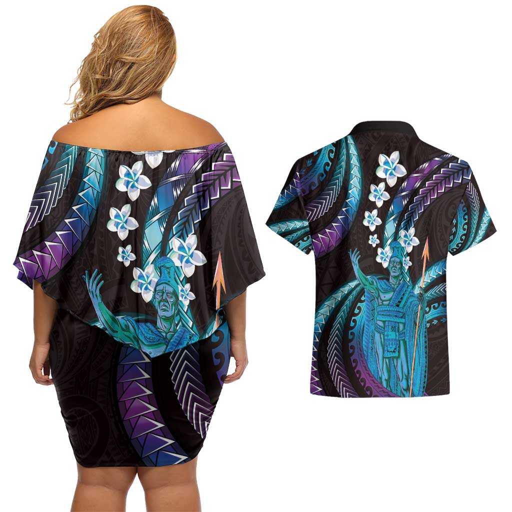 Hawaii King Kamehameha Couples Matching Off Shoulder Short Dress and Hawaiian Shirt Fantastic Plumeria Amethyst Gradient