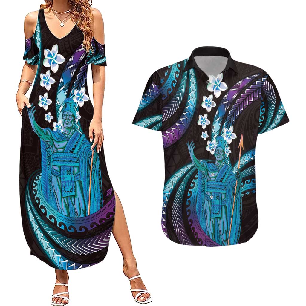 Hawaii King Kamehameha Couples Matching Summer Maxi Dress and Hawaiian Shirt Fantastic Plumeria Amethyst Gradient