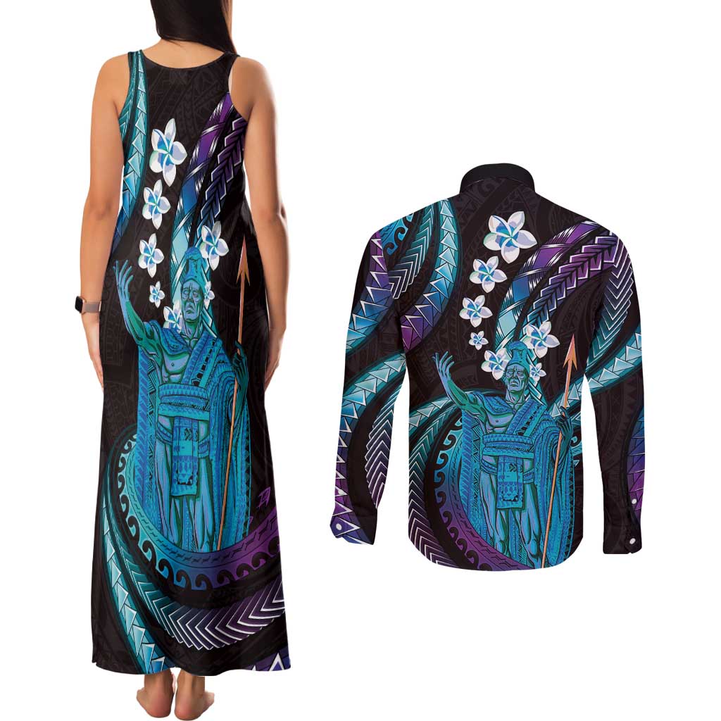 Hawaii King Kamehameha Couples Matching Tank Maxi Dress and Long Sleeve Button Shirt Fantastic Plumeria Amethyst Gradient