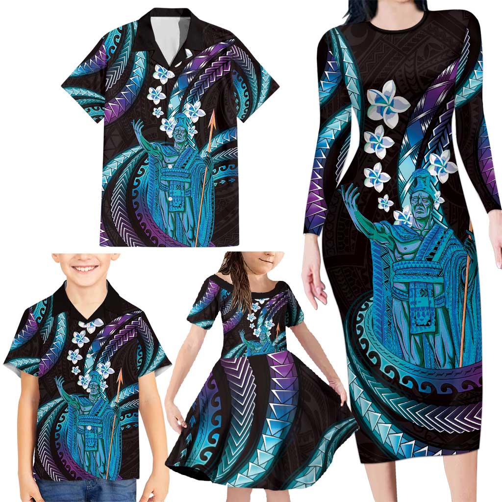 Hawaii King Kamehameha Family Matching Long Sleeve Bodycon Dress and Hawaiian Shirt Fantastic Plumeria Amethyst Gradient