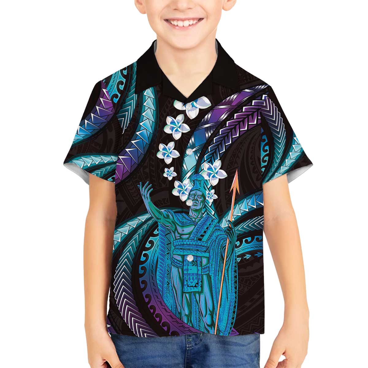 Hawaii King Kamehameha Family Matching Off The Shoulder Long Sleeve Dress and Hawaiian Shirt Fantastic Plumeria Amethyst Gradient