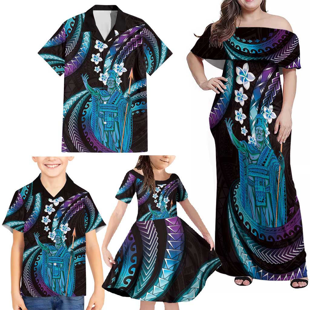 Hawaii King Kamehameha Family Matching Off Shoulder Maxi Dress and Hawaiian Shirt Fantastic Plumeria Amethyst Gradient