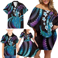 Hawaii King Kamehameha Family Matching Off Shoulder Short Dress and Hawaiian Shirt Fantastic Plumeria Amethyst Gradient