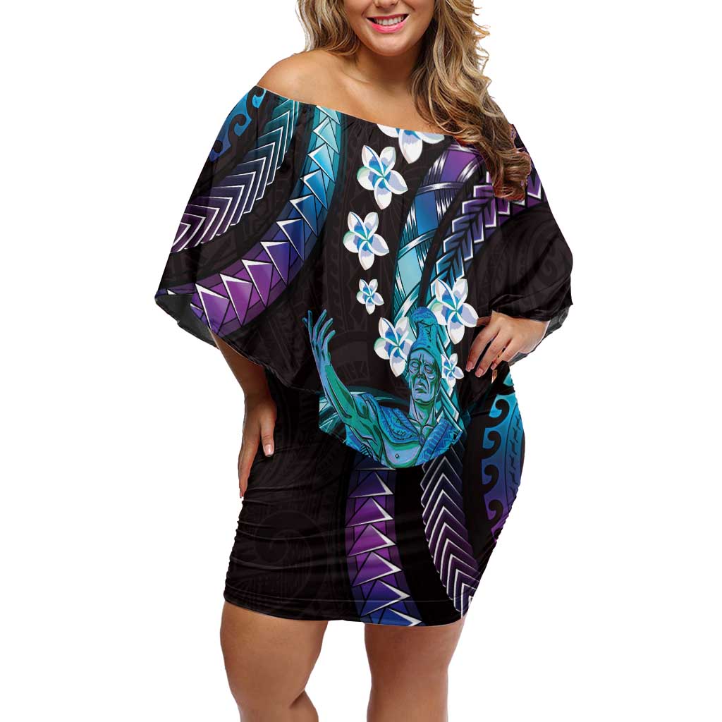 Hawaii King Kamehameha Family Matching Off Shoulder Short Dress and Hawaiian Shirt Fantastic Plumeria Amethyst Gradient