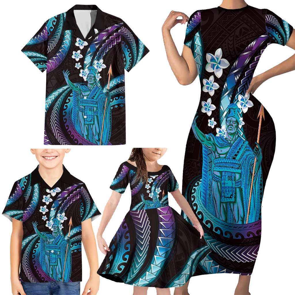 Hawaii King Kamehameha Family Matching Short Sleeve Bodycon Dress and Hawaiian Shirt Fantastic Plumeria Amethyst Gradient