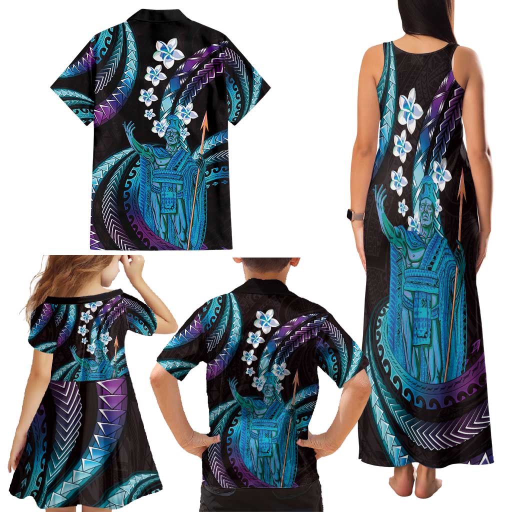 Hawaii King Kamehameha Family Matching Tank Maxi Dress and Hawaiian Shirt Fantastic Plumeria Amethyst Gradient