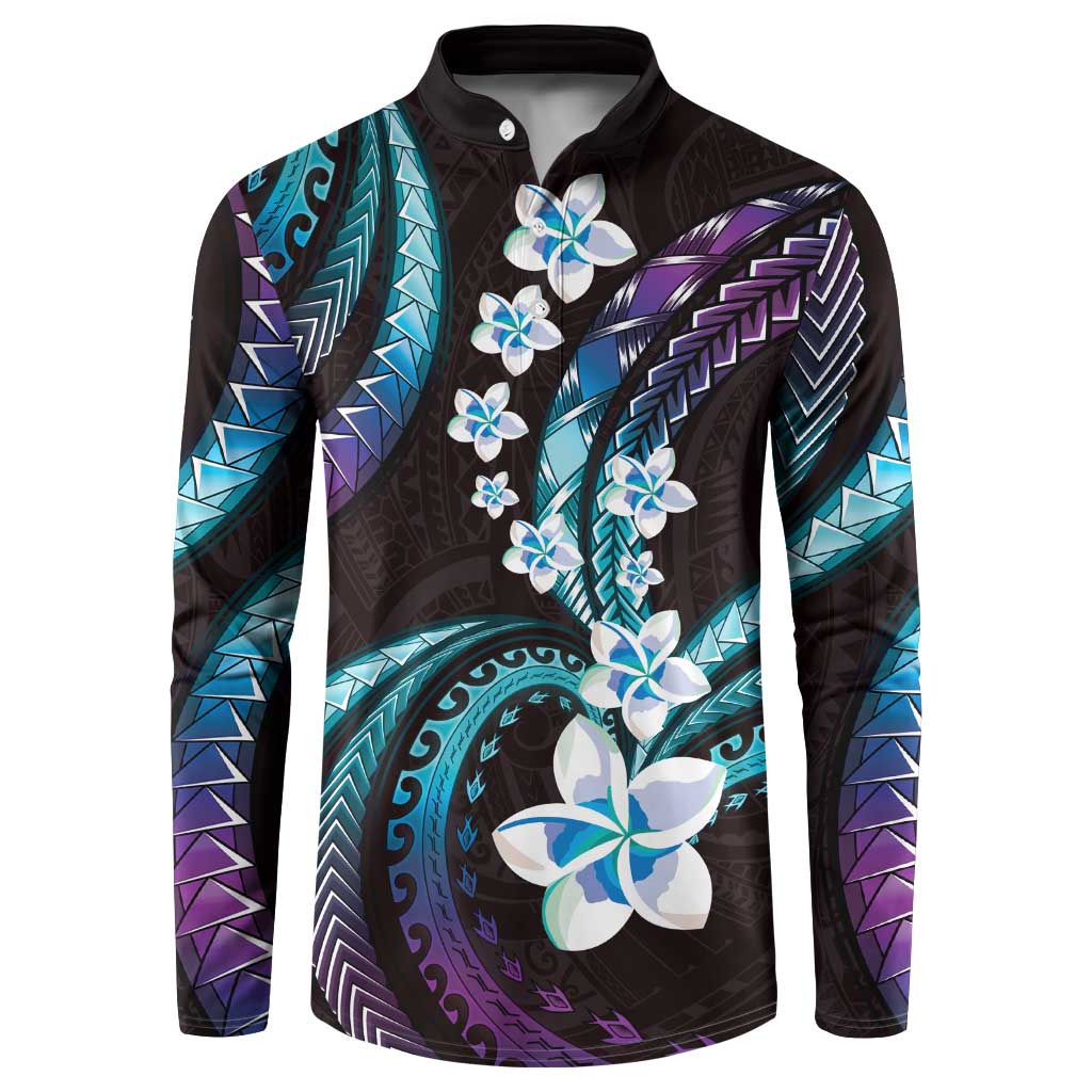 Hawaii Plumeria Button Sweatshirt Amethyst Gradient Polynesian Pattern