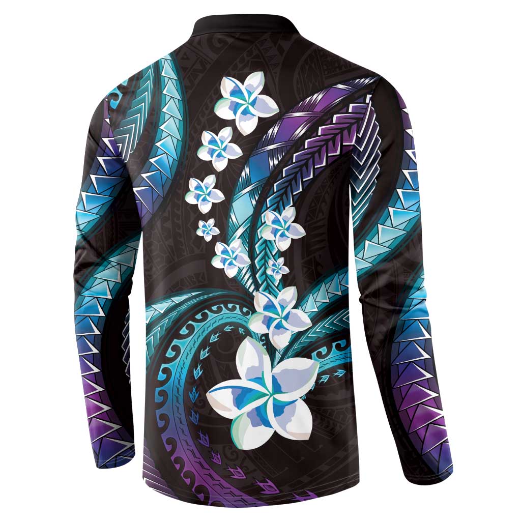 Hawaii Plumeria Button Sweatshirt Amethyst Gradient Polynesian Pattern