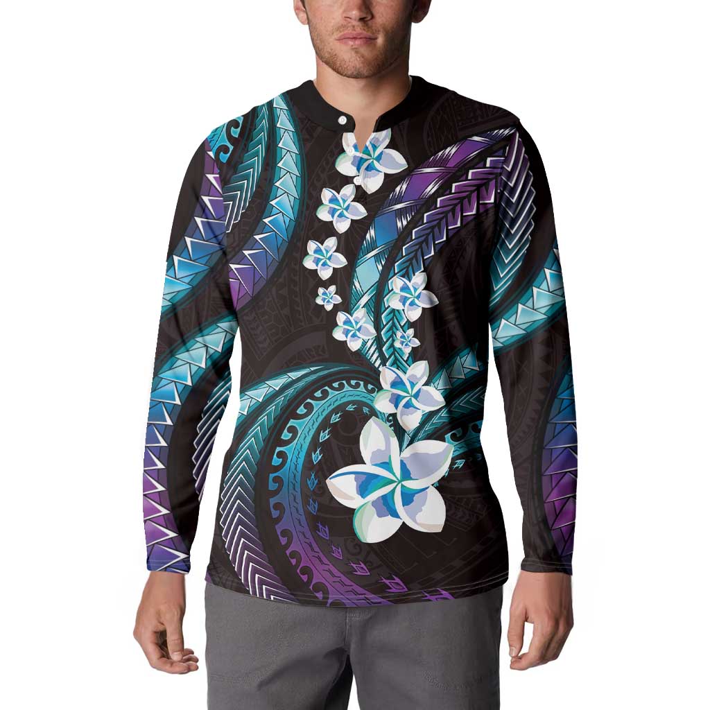 Hawaii Plumeria Button Sweatshirt Amethyst Gradient Polynesian Pattern