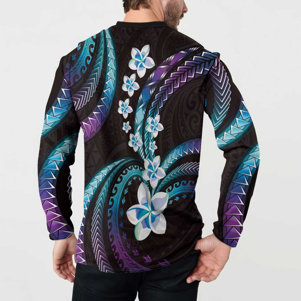 Hawaii Plumeria Button Sweatshirt Amethyst Gradient Polynesian Pattern