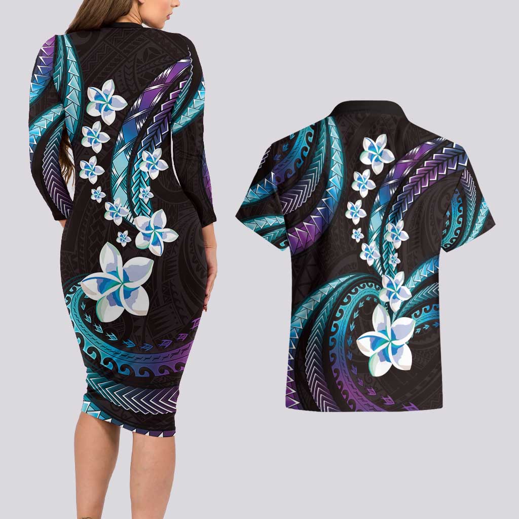 Hawaii Plumeria Couples Matching Long Sleeve Bodycon Dress and Hawaiian Shirt Amethyst Gradient Polynesian Pattern
