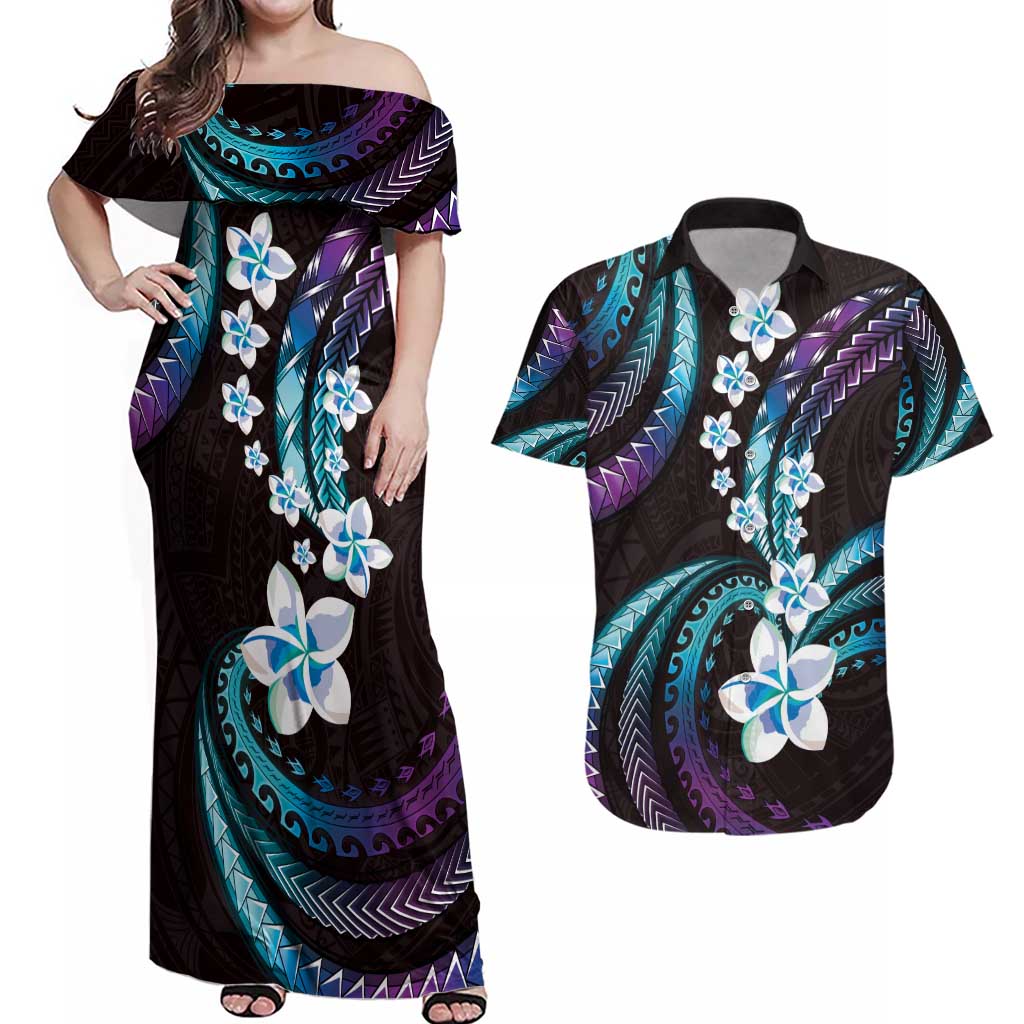Hawaii Plumeria Couples Matching Off Shoulder Maxi Dress and Hawaiian Shirt Amethyst Gradient Polynesian Pattern