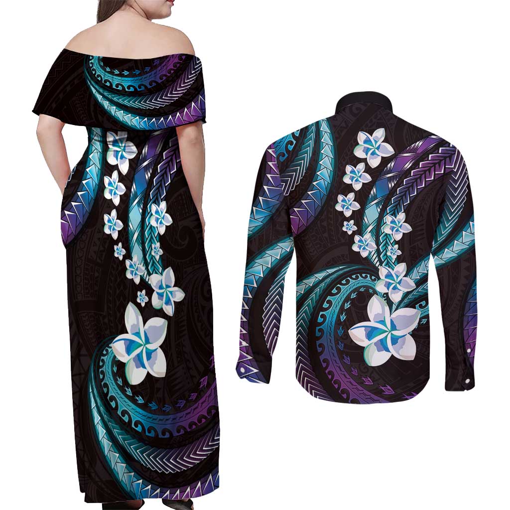 Hawaii Plumeria Couples Matching Off Shoulder Maxi Dress and Long Sleeve Button Shirt Amethyst Gradient Polynesian Pattern