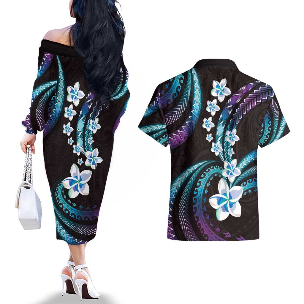 Hawaii Plumeria Couples Matching Off The Shoulder Long Sleeve Dress and Hawaiian Shirt Amethyst Gradient Polynesian Pattern