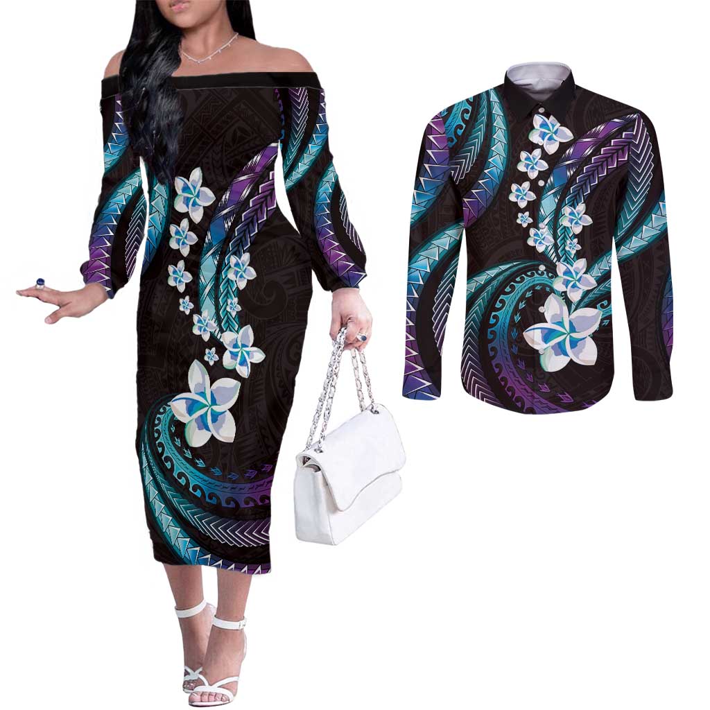 Hawaii Plumeria Couples Matching Off The Shoulder Long Sleeve Dress and Long Sleeve Button Shirt Amethyst Gradient Polynesian Pattern