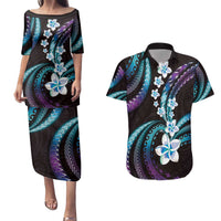 Hawaii Plumeria Couples Matching Puletasi and Hawaiian Shirt Amethyst Gradient Polynesian Pattern