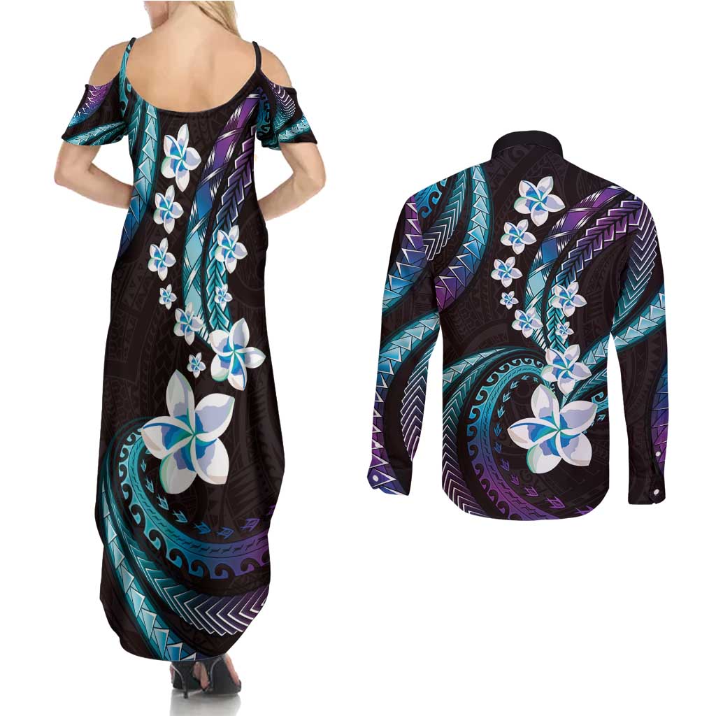 Hawaii Plumeria Couples Matching Summer Maxi Dress and Long Sleeve Button Shirt Amethyst Gradient Polynesian Pattern