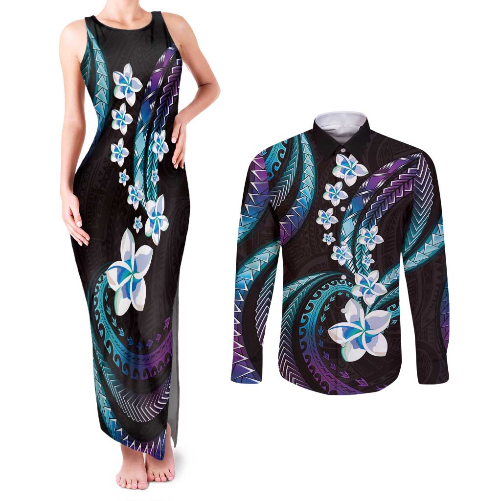 Hawaii Plumeria Couples Matching Tank Maxi Dress and Long Sleeve Button Shirt Amethyst Gradient Polynesian Pattern