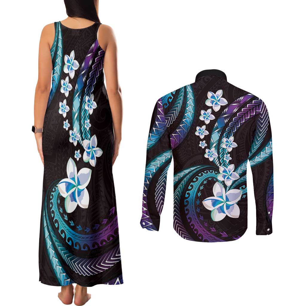 Hawaii Plumeria Couples Matching Tank Maxi Dress and Long Sleeve Button Shirt Amethyst Gradient Polynesian Pattern