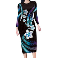 Hawaii Plumeria Family Matching Long Sleeve Bodycon Dress and Hawaiian Shirt Amethyst Gradient Polynesian Pattern