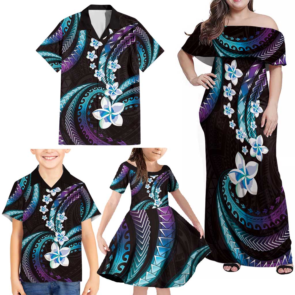 Hawaii Plumeria Family Matching Off Shoulder Maxi Dress and Hawaiian Shirt Amethyst Gradient Polynesian Pattern