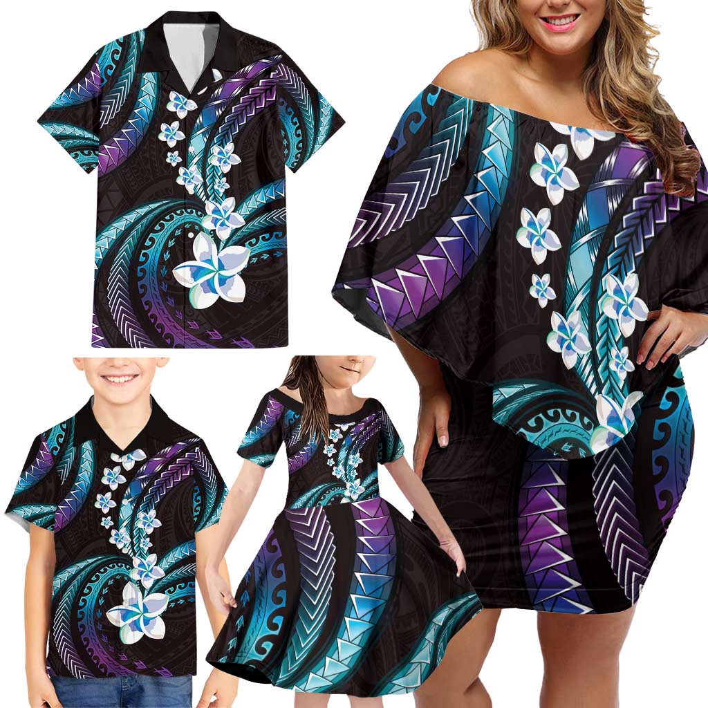 Hawaii Plumeria Family Matching Off Shoulder Short Dress and Hawaiian Shirt Amethyst Gradient Polynesian Pattern