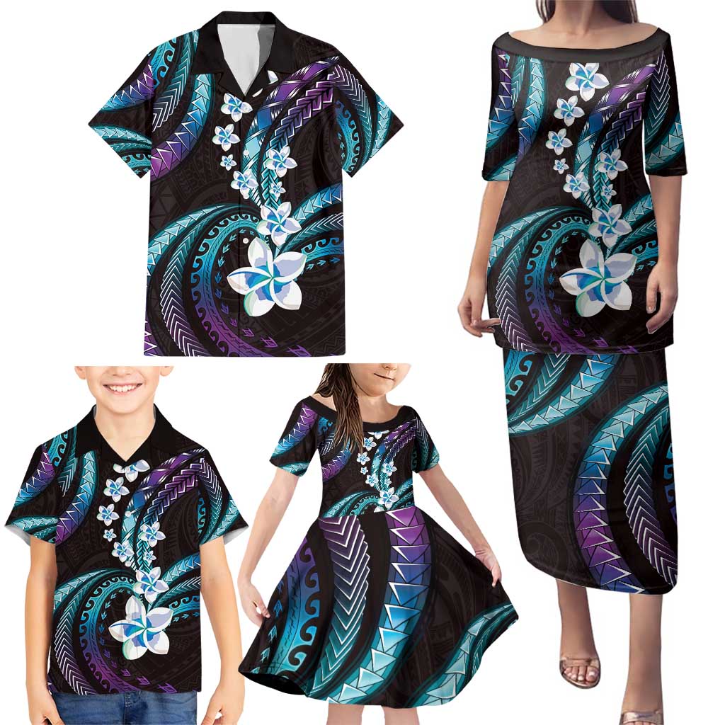 Hawaii Plumeria Family Matching Puletasi and Hawaiian Shirt Amethyst Gradient Polynesian Pattern