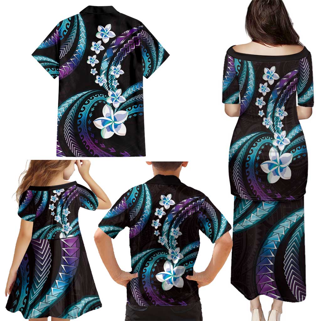 Hawaii Plumeria Family Matching Puletasi and Hawaiian Shirt Amethyst Gradient Polynesian Pattern