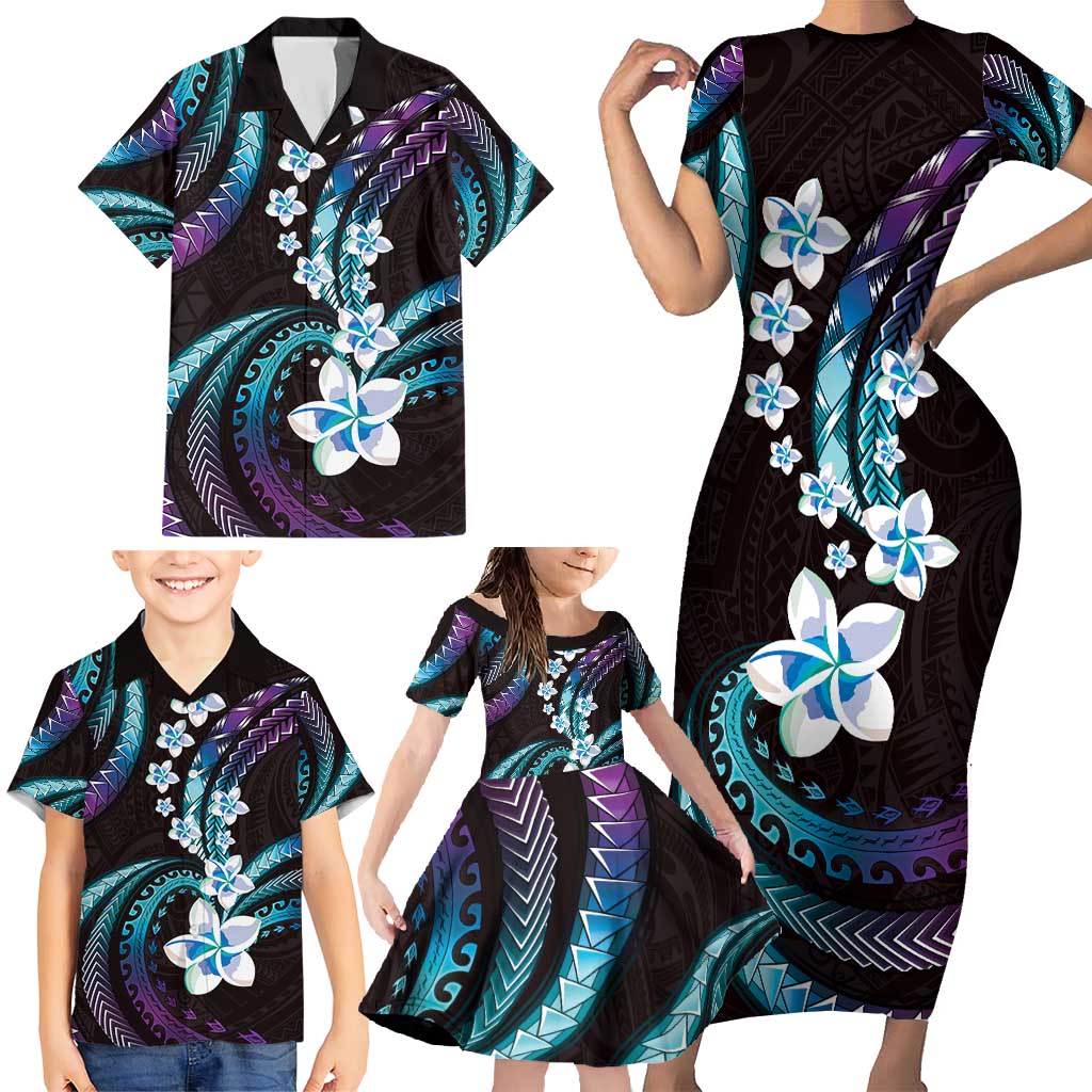 Hawaii Plumeria Family Matching Short Sleeve Bodycon Dress and Hawaiian Shirt Amethyst Gradient Polynesian Pattern