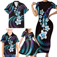 Hawaii Plumeria Family Matching Short Sleeve Bodycon Dress and Hawaiian Shirt Amethyst Gradient Polynesian Pattern