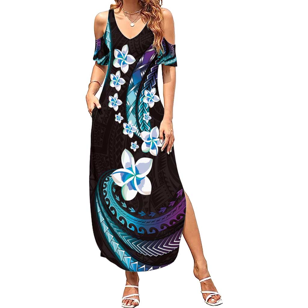 Hawaii Plumeria Summer Maxi Dress Amethyst Gradient Polynesian Pattern