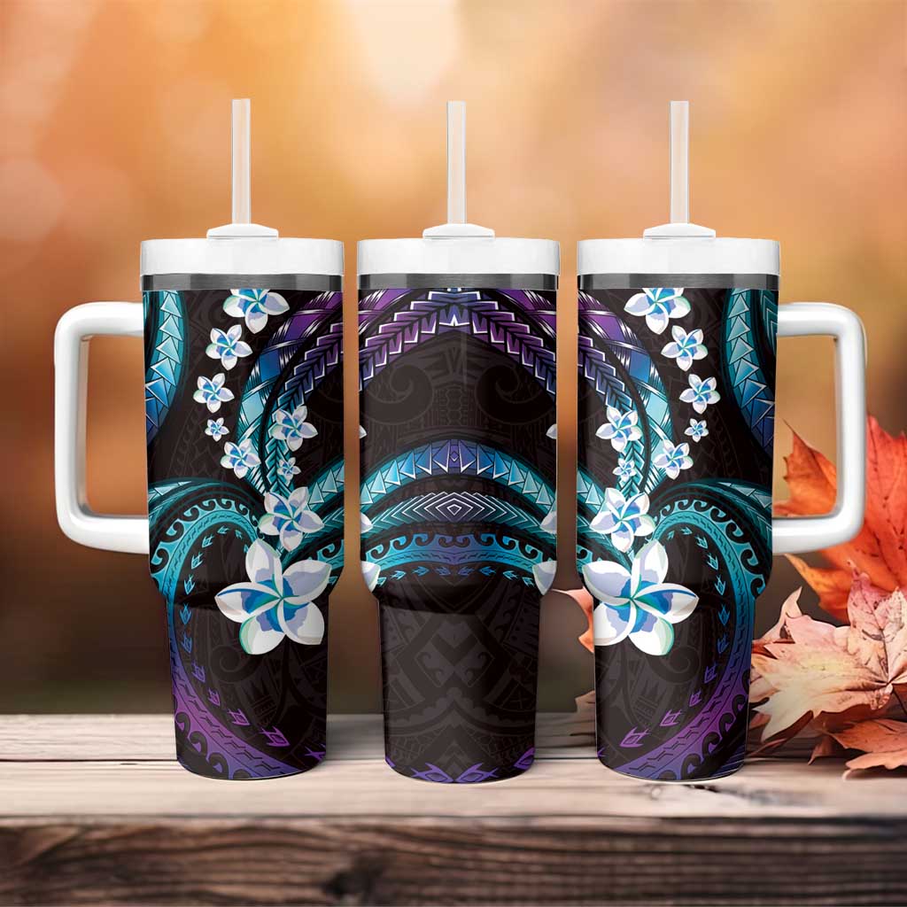 Hawaii Plumeria Tumbler With Handle Amethyst Gradient Polynesian Pattern