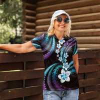 Hawaii Plumeria Women Polo Shirt Amethyst Gradient Polynesian Pattern