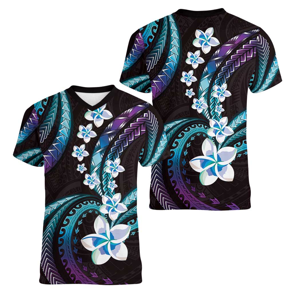 Hawaii Plumeria Women V-Neck T-Shirt Amethyst Gradient Polynesian Pattern