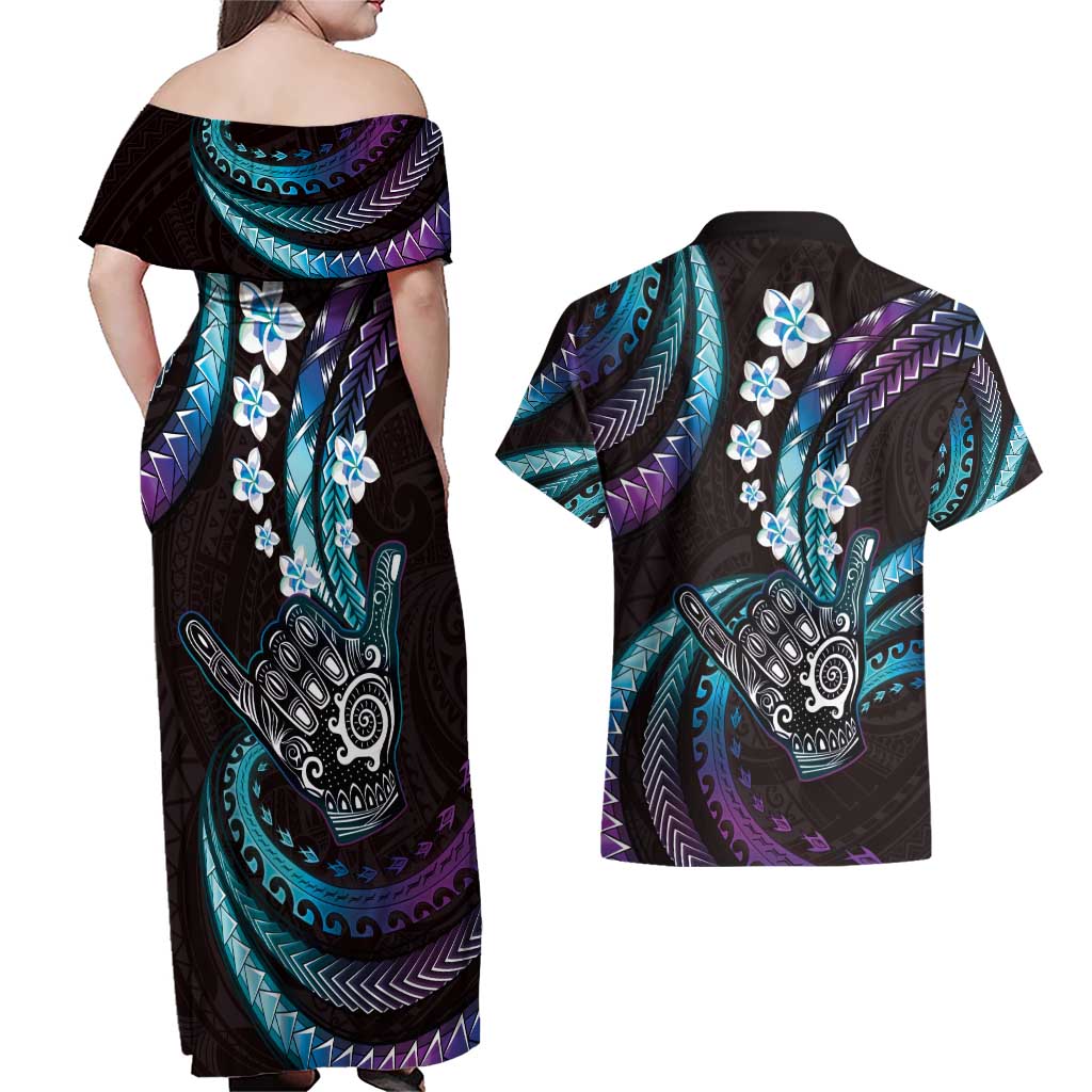 Hawaii Shaka Sign Couples Matching Off Shoulder Maxi Dress and Hawaiian Shirt Fantastic Frangipani Amethyst Gradient