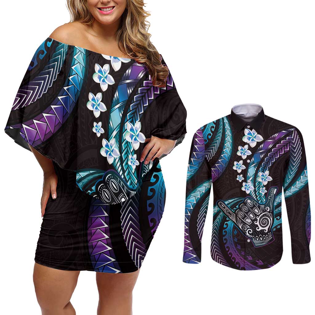 Hawaii Shaka Sign Couples Matching Off Shoulder Short Dress and Long Sleeve Button Shirt Fantastic Frangipani Amethyst Gradient