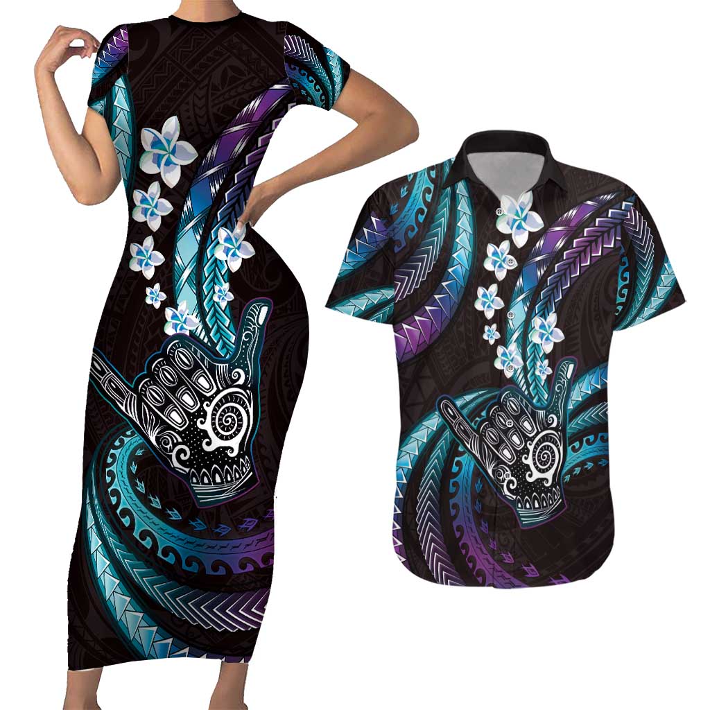 Hawaii Shaka Sign Couples Matching Short Sleeve Bodycon Dress and Hawaiian Shirt Fantastic Frangipani Amethyst Gradient